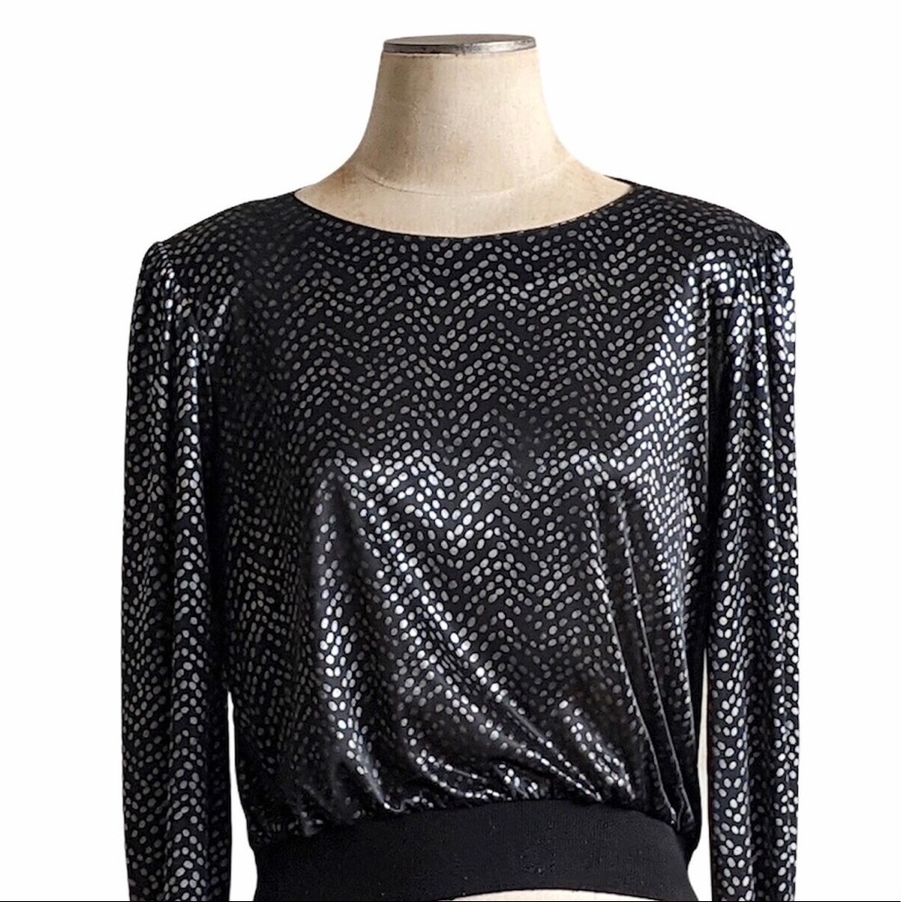 Vintage Judy Bond Black and Silver Top with jersey Cuffs and Puff Sleeves
